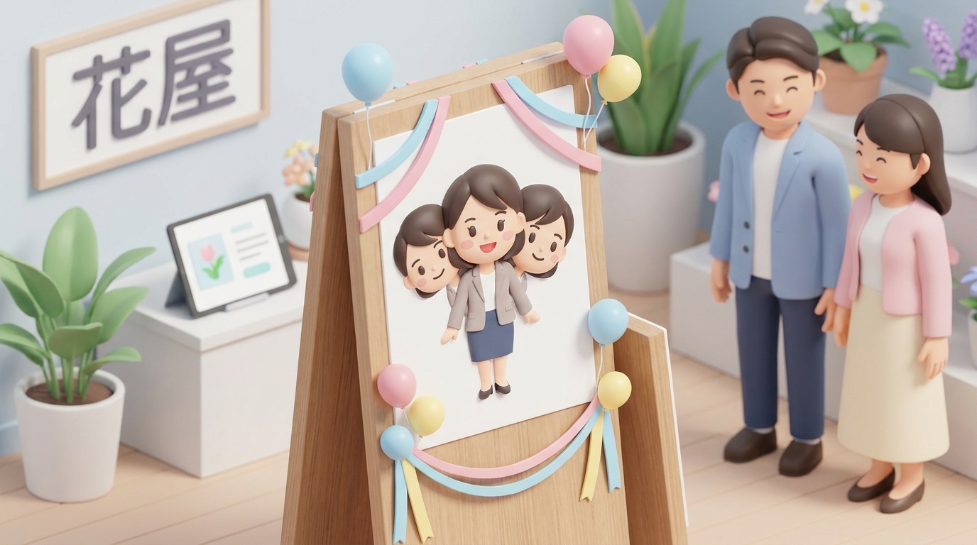 A close-up of a beautifully designed character panel on a flower stand, with colorful ribbons and balloons