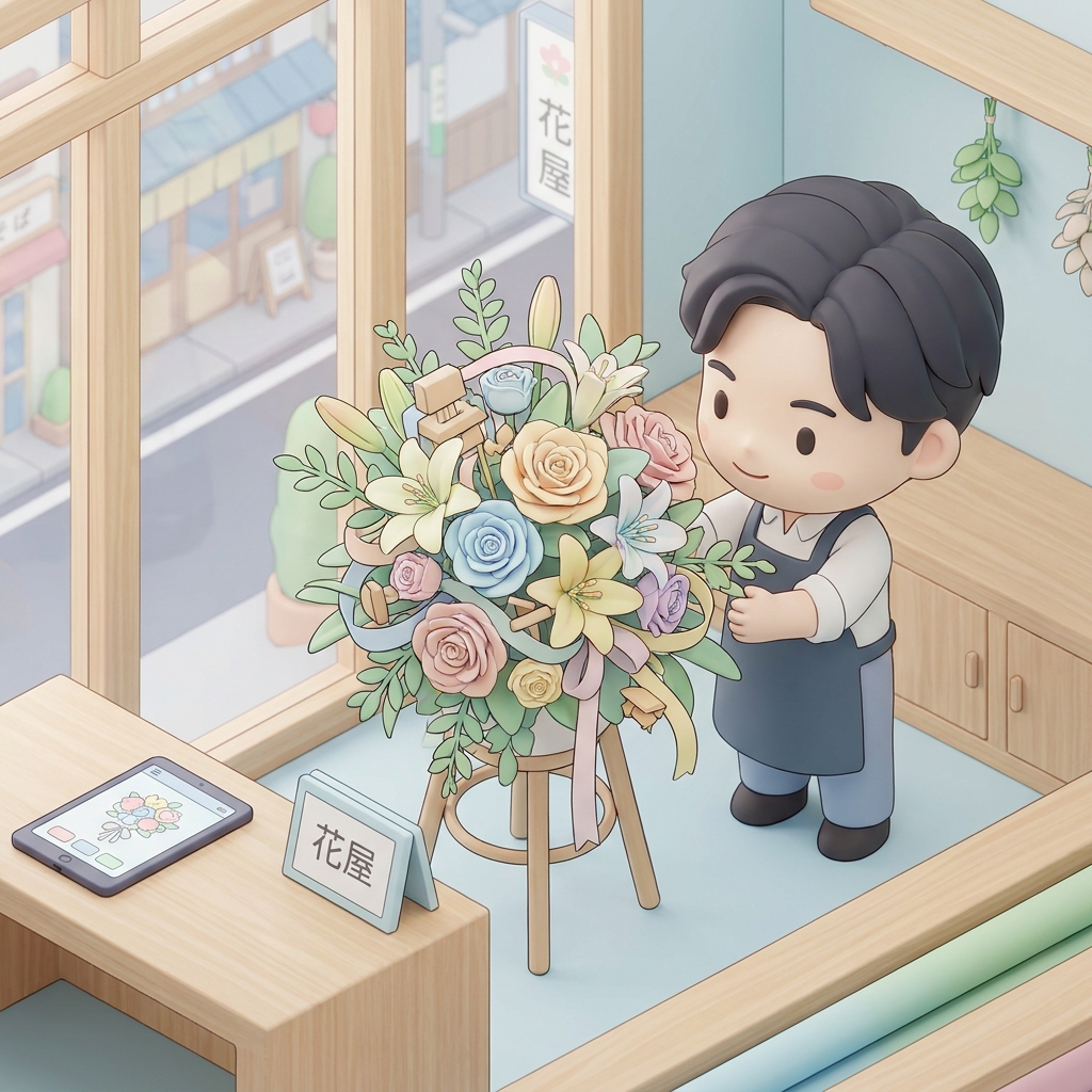 A creative workspace of a professional florist arranging a custom flower stand with colorful blooms, ribbons, and decora