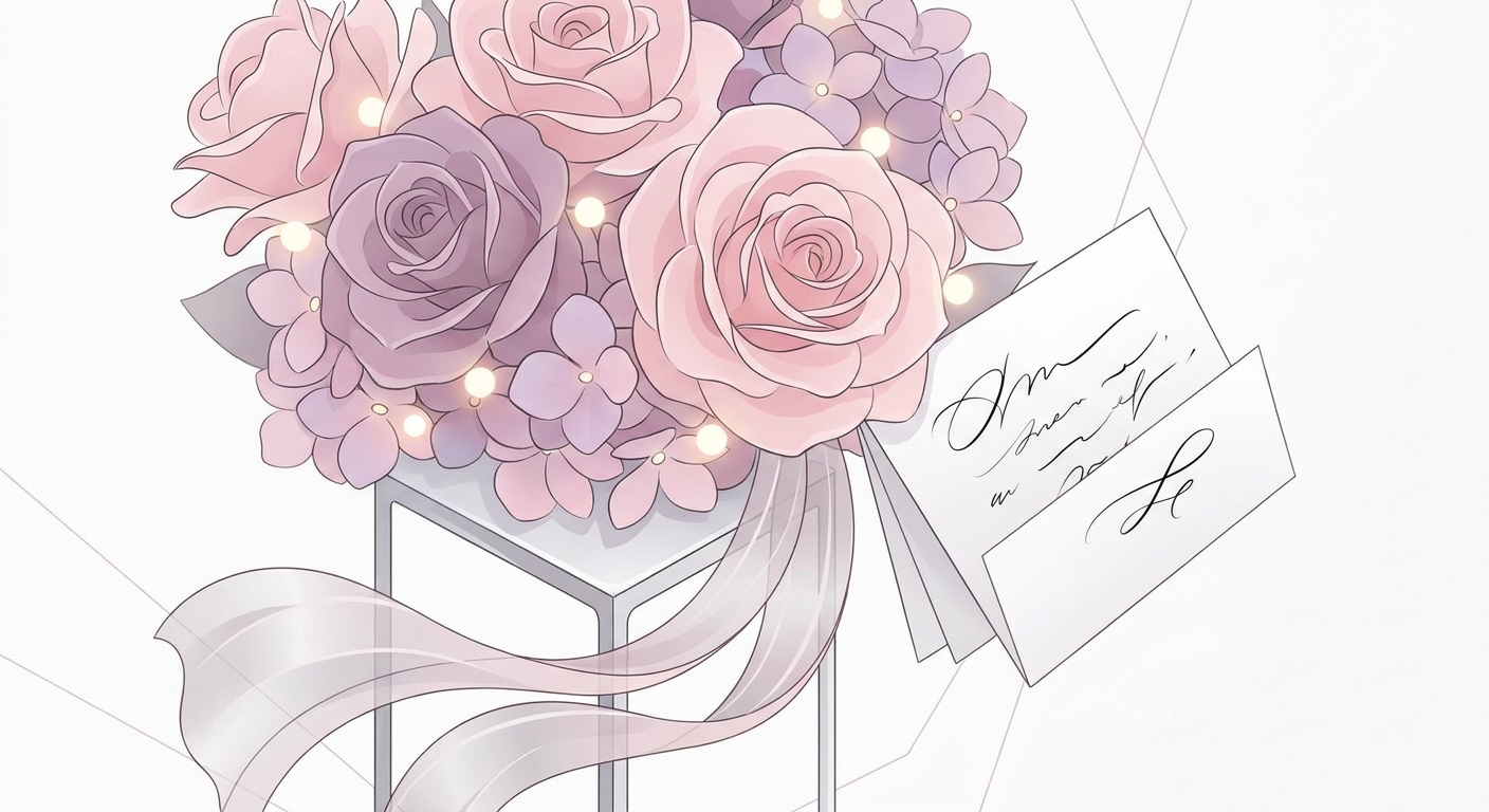 A close-up view of a stylish stand flower arrangement with dominant colors of pastel pink and purple, incorporating smal