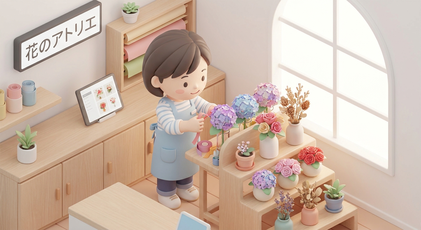 A florist carefully assembling a colorful customized flower stand with ribbons and decorative items in a professional fl