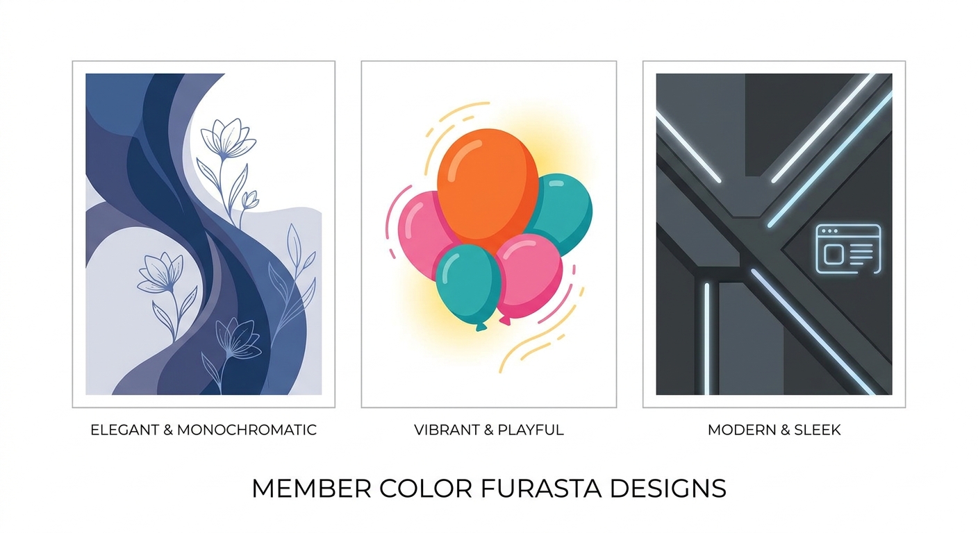 Three distinct examples of member color furasta designs arranged side-by-side, each showcasing a different style. One is