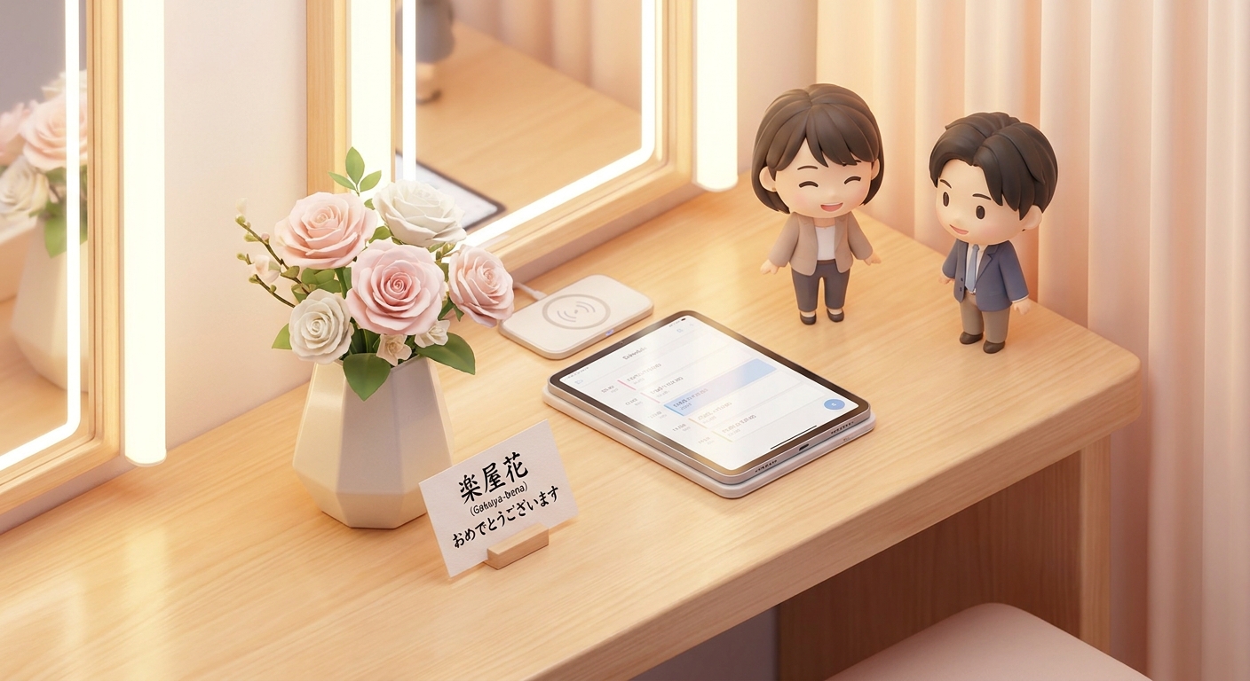 A beautiful and compact table-top flower arrangement (Gakuya-bana) for a theater dressing room, featuring elegant pastel