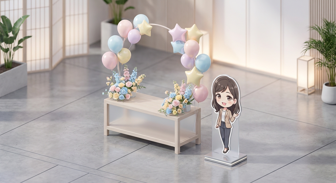 A beautiful and colorful flower stand (flasta) with balloons and a character panel, placed in a modern event hall, profe