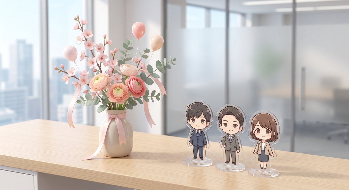 A beautiful tabletop flower arrangement with ribbons and balloons placed next to acrylic character stands on a wooden de