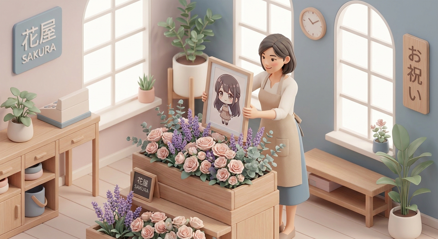 A professional florist carefully arranging pastel-colored roses and placing a custom-designed anime character panel onto