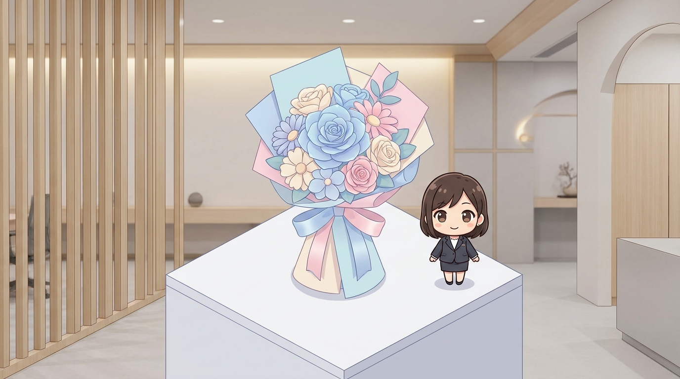 A custom tabletop flower arrangement with color-matched ribbons and decorative panels on a clean display table