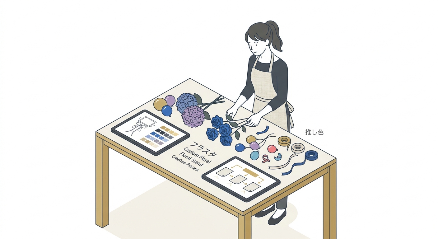 A modern, clean florist workshop with various oshi-iro (fan's favorite color) flowers like blue roses and purple hydrang