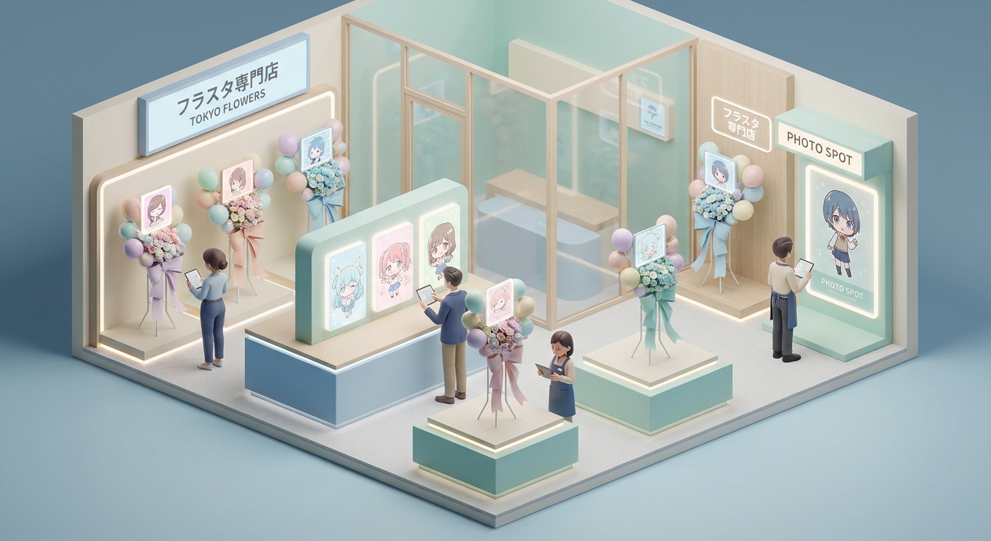 A professional flower shop showroom in Tokyo with beautiful, custom-made flower stands (flasta) featuring colorful ballo
