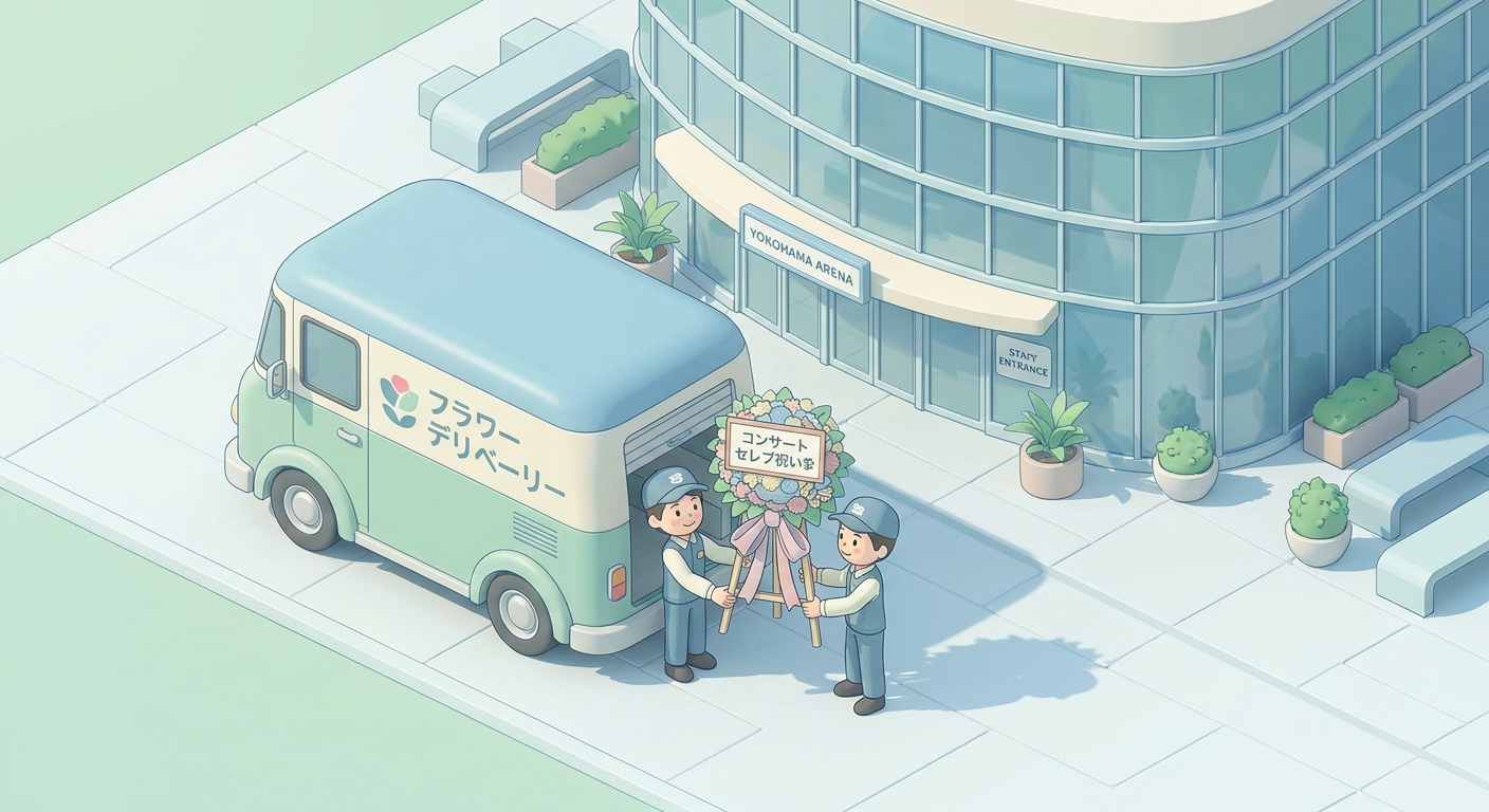 A delivery van parked outside a modern Tokyo concert venue like Yokohama Arena or a theater, with staff carefully unload