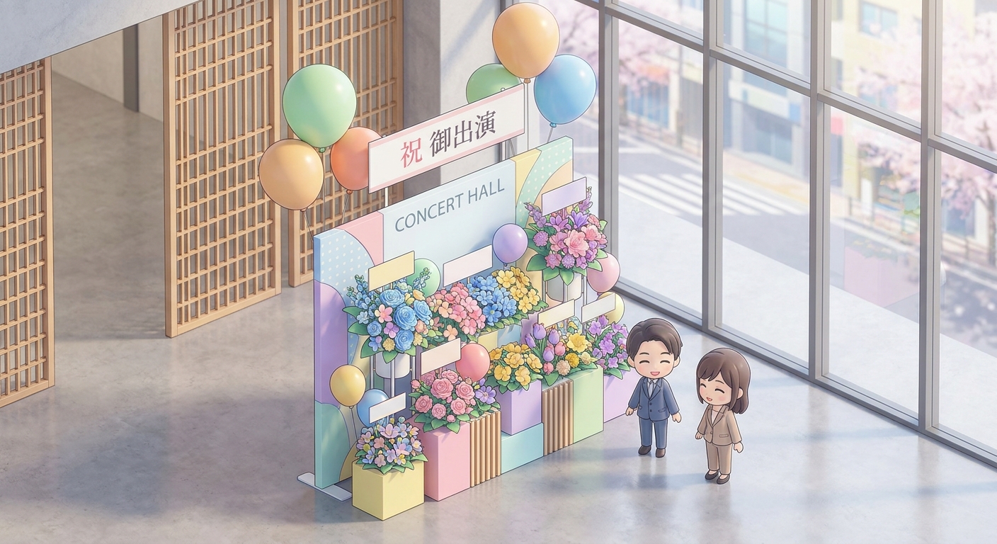 A colorful and gorgeous flower stand (flasta) with balloons and panels displayed at a concert venue, bright and celebrat