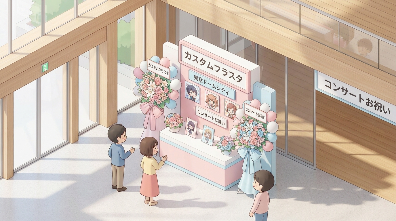 A beautiful pink and white custom flower stand (flasta) with balloons and character panels displayed at a modern concert