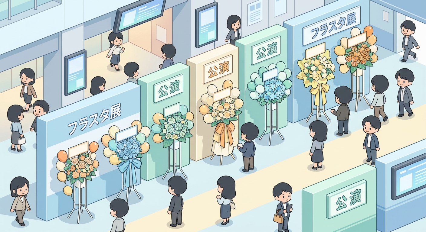 A colorful lineup of diverse flower stands (flastas) displayed side-by-side inside a bustling concert venue, showcasing