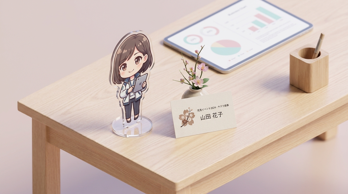 A close-up of a high-quality printed acrylic character panel and a neat printed name card designed for an event flower a