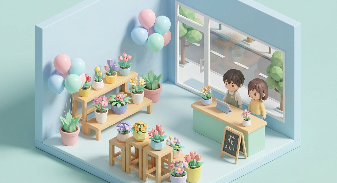 A bright and clean flower shop interior with various colorful flower stands and balloons on display, welcoming atmospher