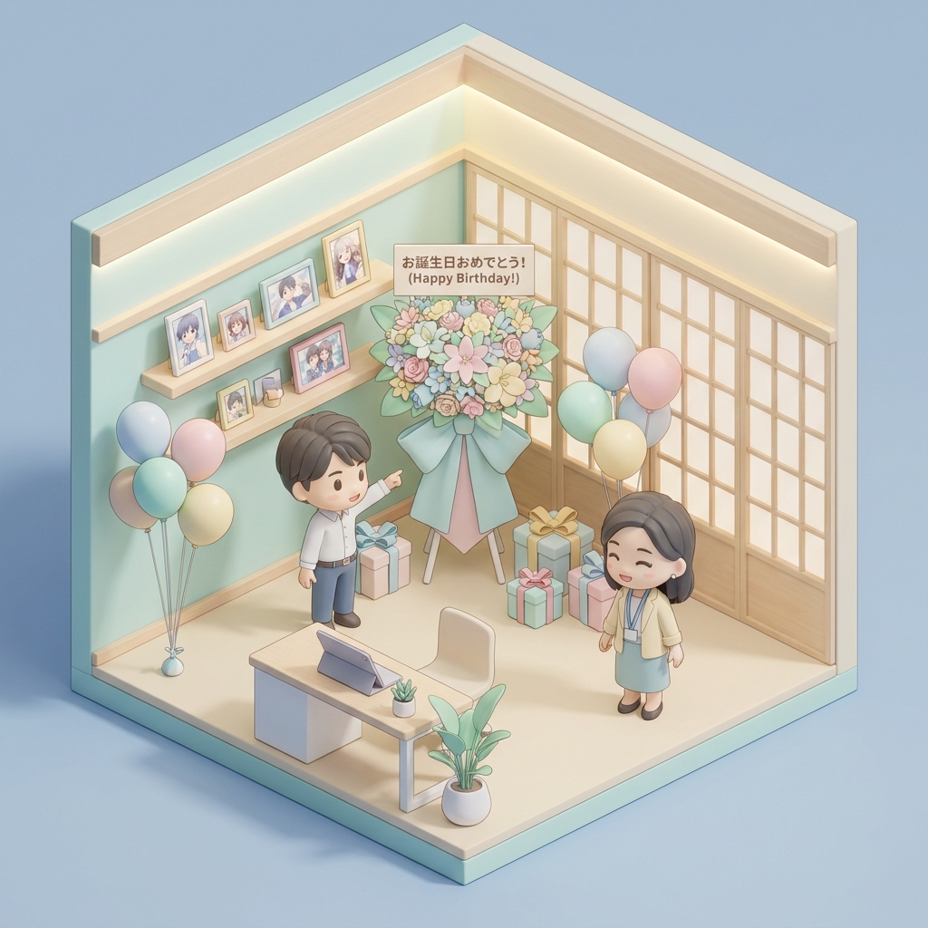 A beautifully decorated room for an anime character's birthday party with balloons, photos, and a custom flower stand (f