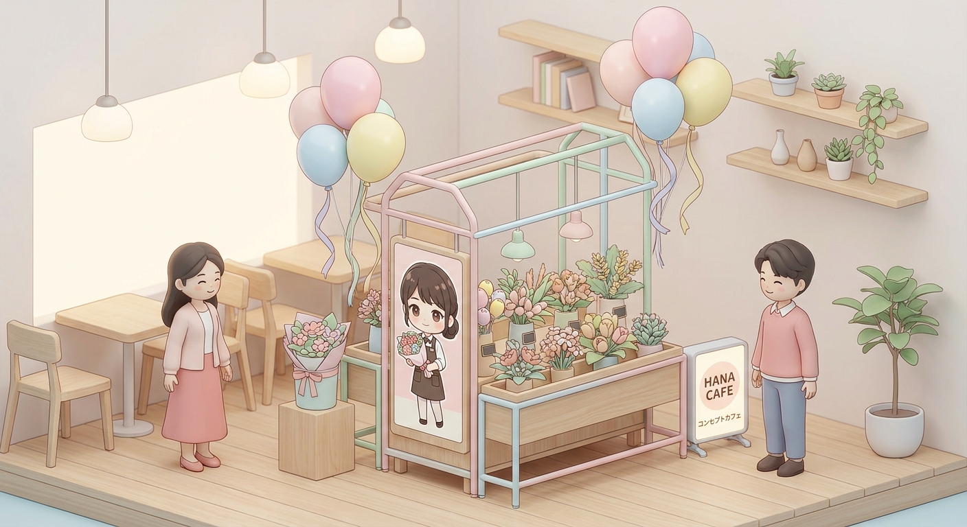 A colorful and stylish flower stand designed for a concept cafe, featuring pastel balloons, elegant ribbons, and a custo