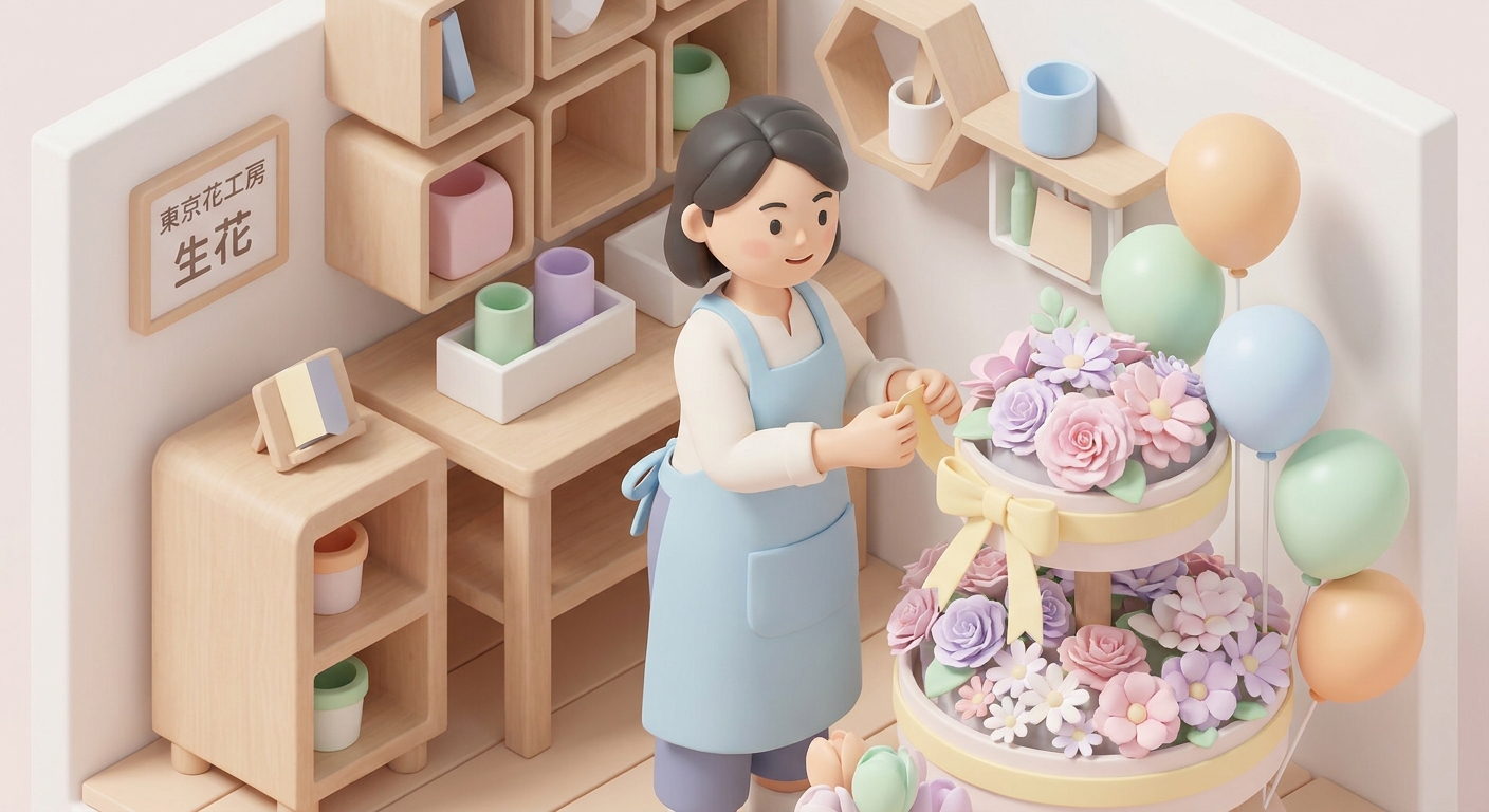 A professional florist carefully arranging a custom flower stand with elegant ribbons and colorful balloons in a Tokyo w