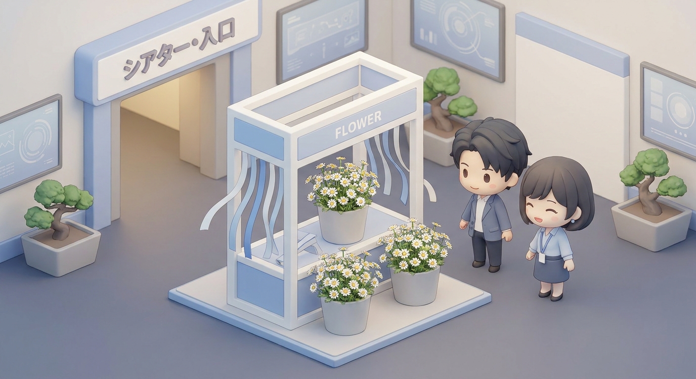 An elegant white and blue flower stand featuring camomiles and ribbons for a theater venue, high detail, realistic prese