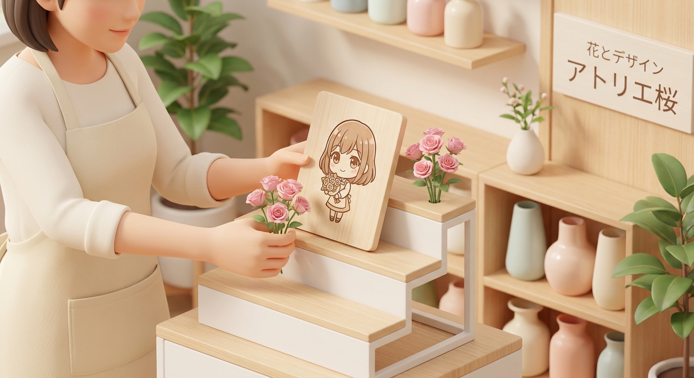 A close-up of hands arranging delicate pastel pink roses and putting a custom character illustration panel onto a beauti
