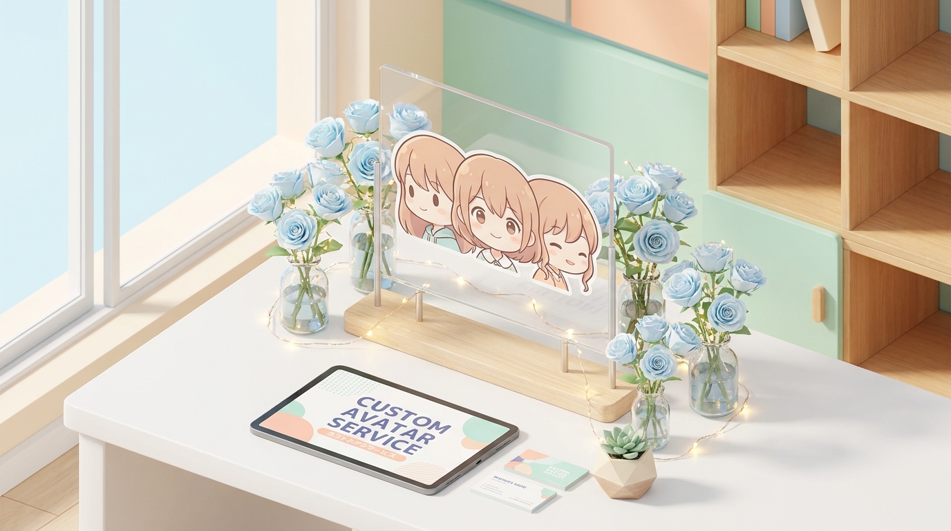A close-up of a beautifully designed custom anime character panel mounted on a flower stand, surrounded by delicate fres