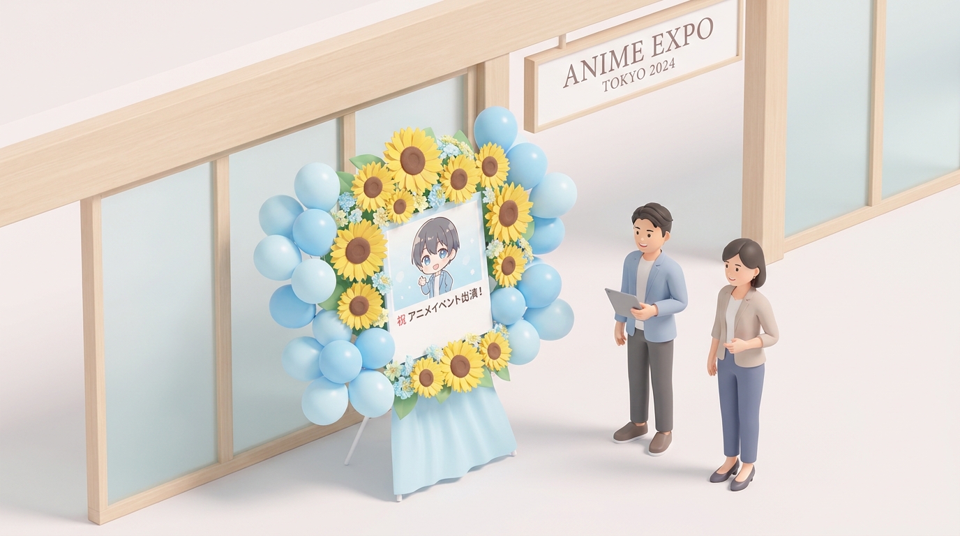 A beautiful custom flower stand (flasta) for an anime event, featuring large yellow sunflowers and blue balloons, design