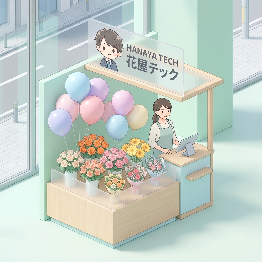 A close-up of a beautifully arranged flower stand with vibrant roses, gerberas, pastel-colored balloons, and a neatly pr