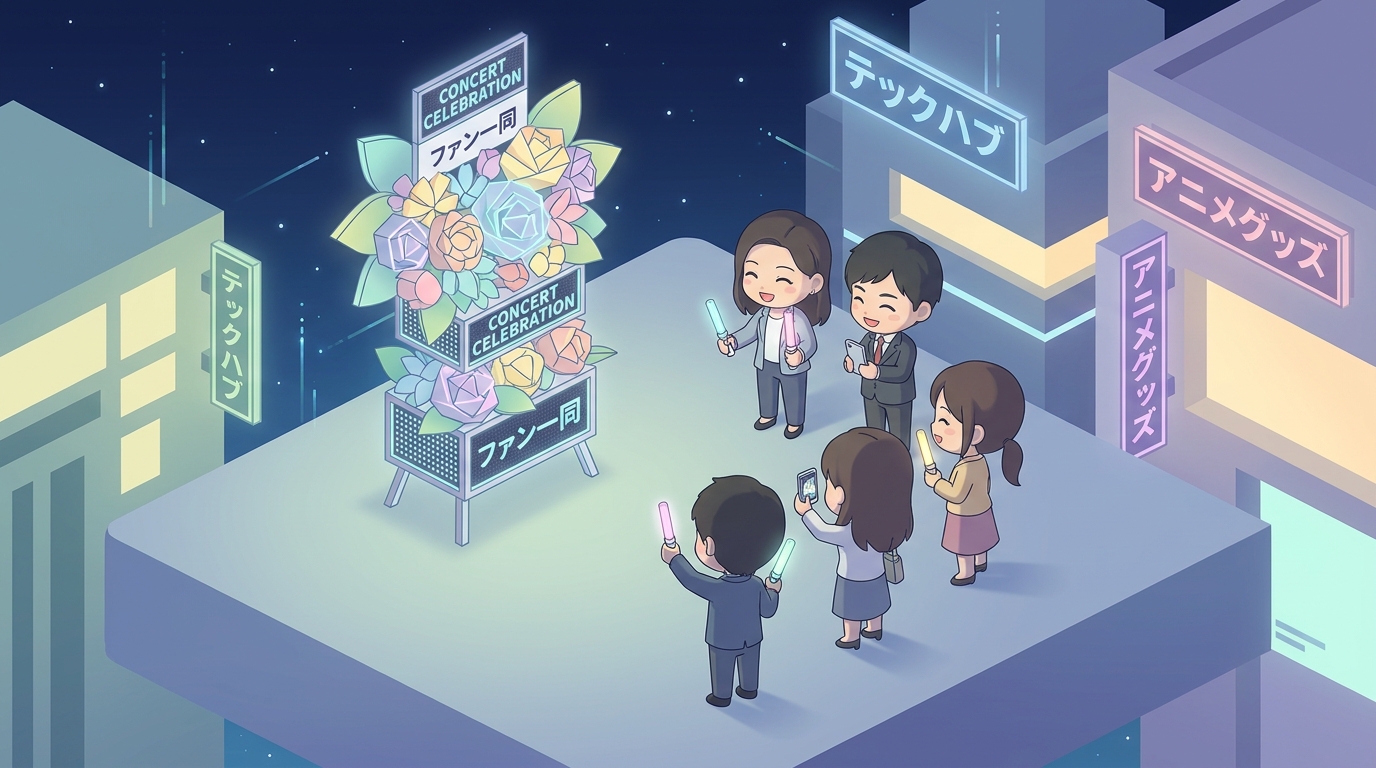 A group of excited Japanese anime fans taking photos of a gorgeous custom flower stand at a concert venue, holding light