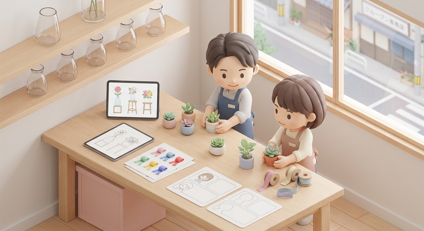 A florist workspace with sketches of flower stand designs, colorful ribbons, and templates for character panels