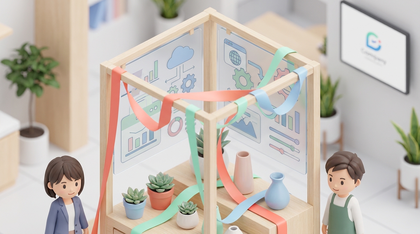 Close-up shot of customized illustration panels and vibrant silk ribbons attached to a decorative flower stand, showcasi