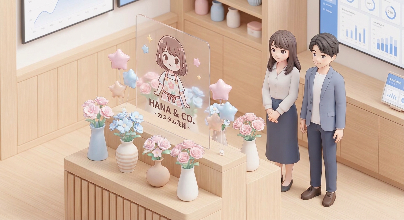 A beautiful custom-made flower stand with pastel pink and light blue flowers, decorated with cute star-shaped balloons a
