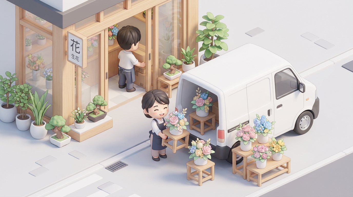 A professional florist carefully loading colorful flower arrangements and stands into a delivery van, preparing for even
