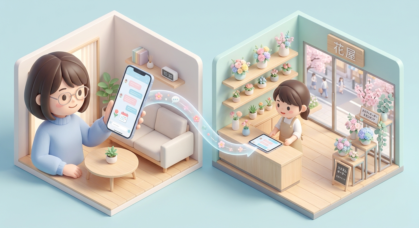 An illustrative representation of a customer consulting on smartphone chatting with flower shop for custom event floral