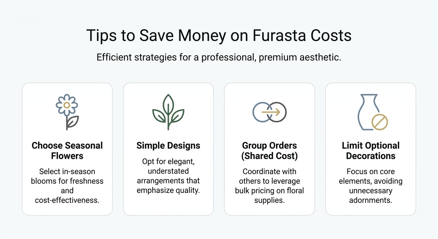 A visually appealing checklist or infographic titled Tips to Save Money on Furasta Costs. The list should include icons