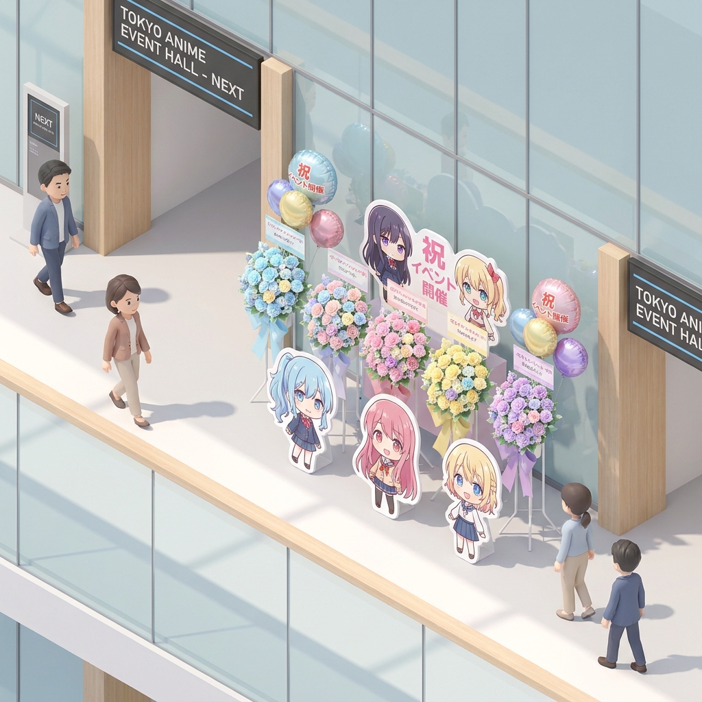 A beautiful and colorful anime-themed flower stand (flasta) with balloons, character panels, and vibrant flowers, displa