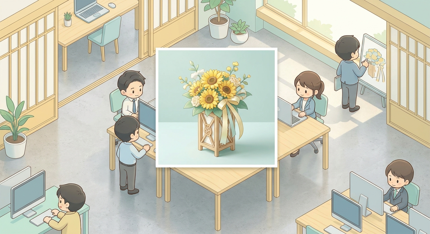 High quality photograph of a stylish table-top flower arrangement with yellow sunflowers and ribbons placed on a decorat