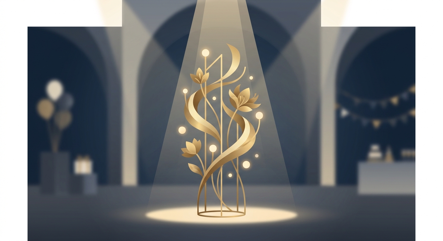 A magnificent gold flower stand (furasta) in a vibrant event venue, adorned with golden flowers, ribbons, and lights, il