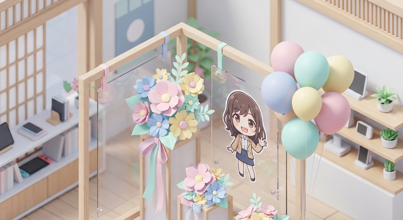 A detailed close-up of a customized flower arrangement with elegant ribbons, pastel-colored balloons, and a printed acry