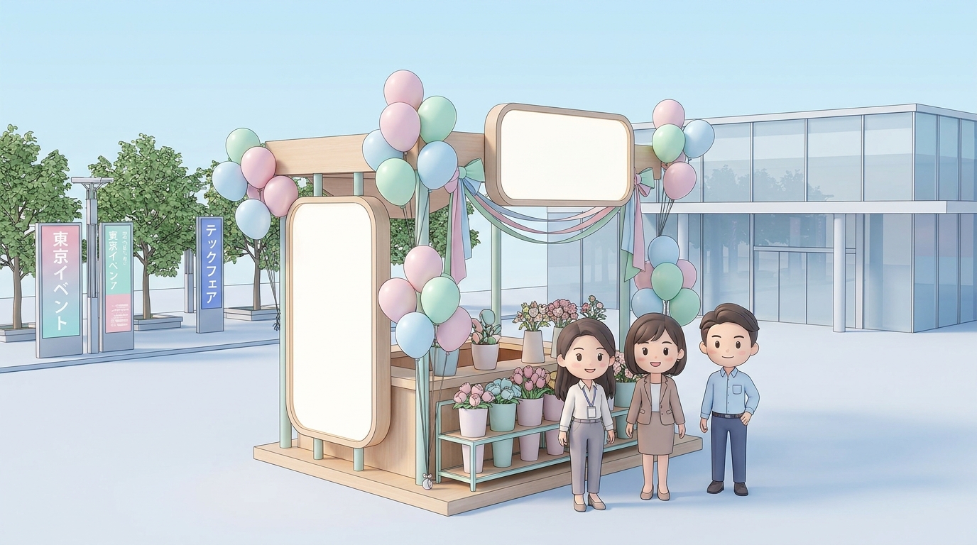 A colorful and elaborate flower stand decorated with pastel-colored balloons, ribbons, and a blank character panel, set 