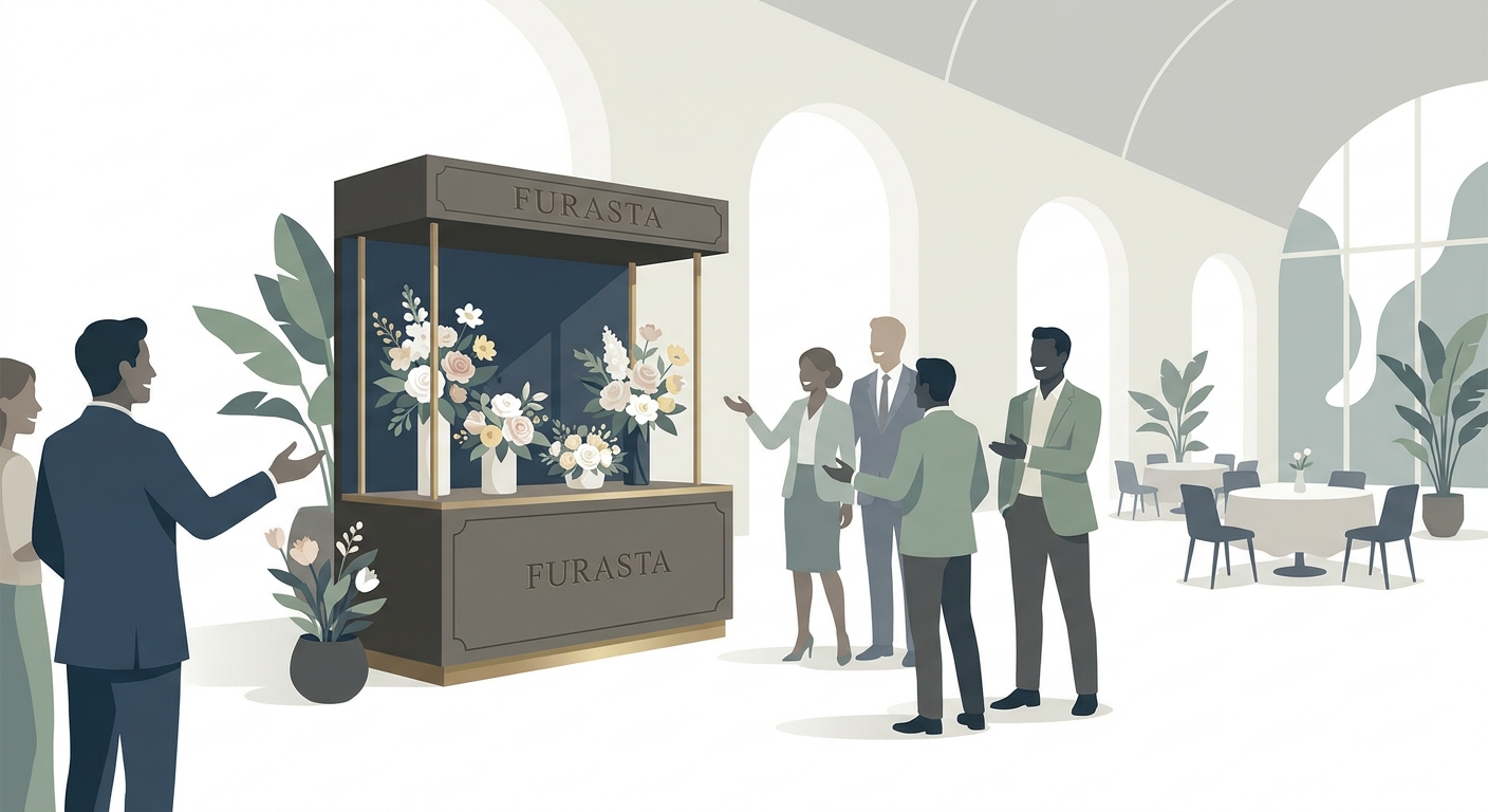 A beautifully decorated custom flower stand (furasta) proudly displayed at an event venue, with people admiring it in th