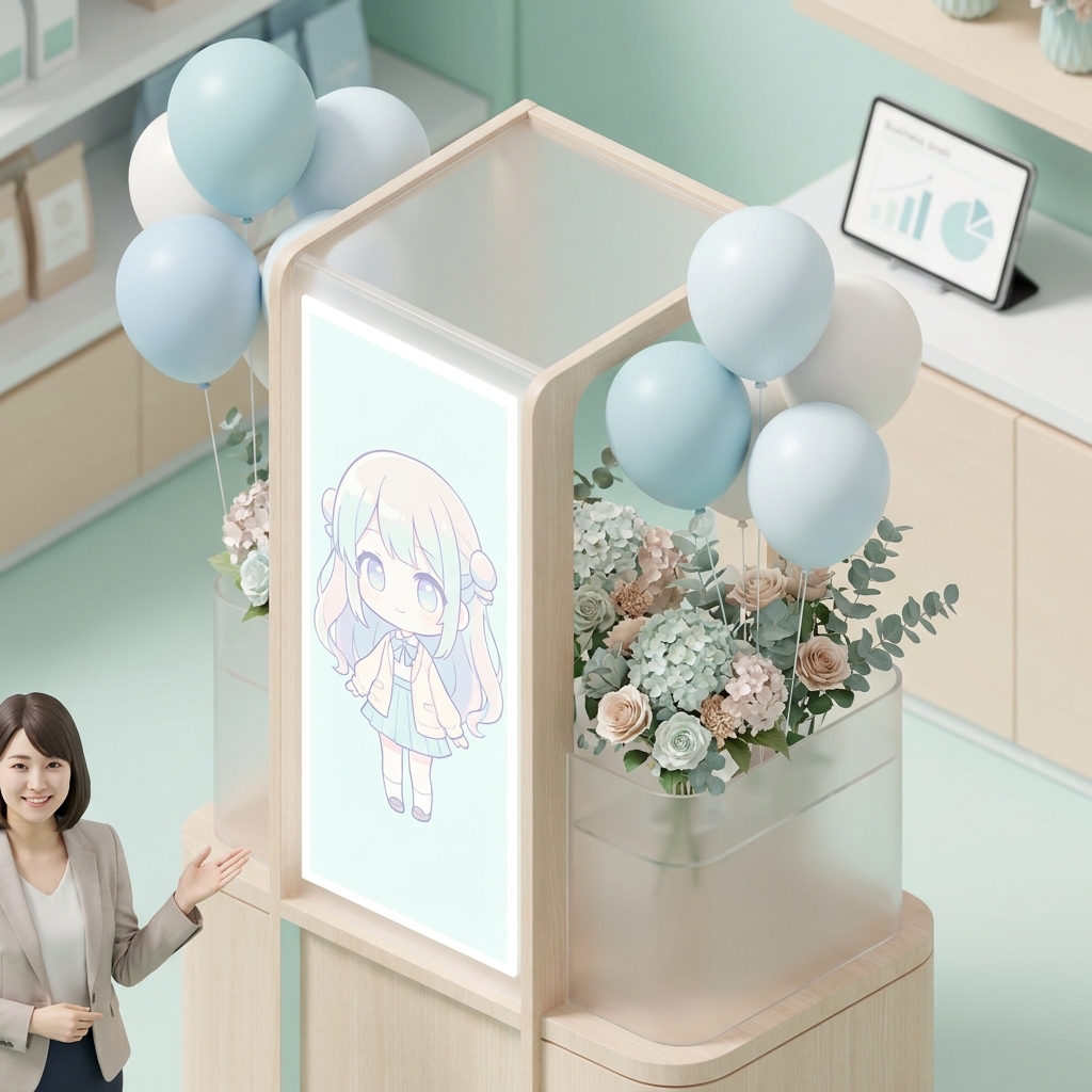 A close-up of a vibrant custom flower stand decorated with pastel blue and white balloons, featuring a beautifully print