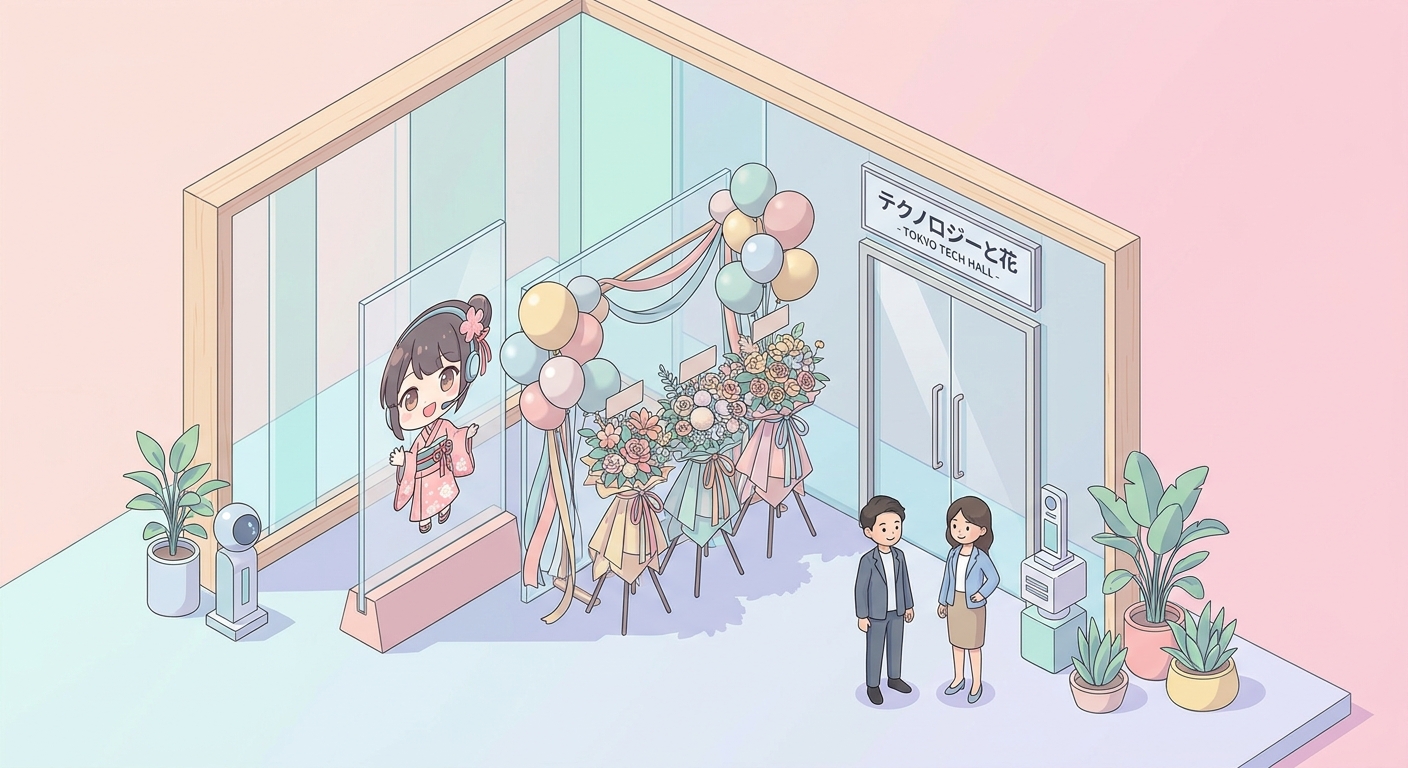 A stunning and colorful flower stand decorated with pastel balloons, ribbons, and a custom character illustration panel,
