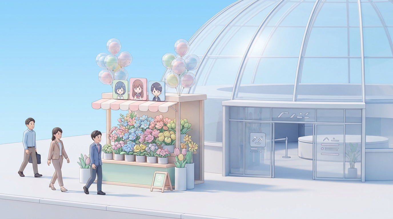 A beautiful and colorful flower stand (flasta) displayed outside a large dome stadium under a clear sky, with customized