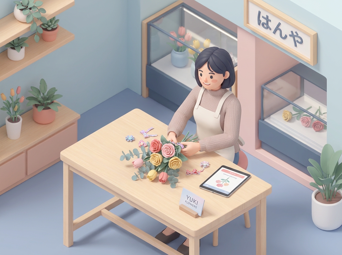 A florist carefully preparing a colorful flower arrangement with decorative ribbons and an artist name card on a worktab