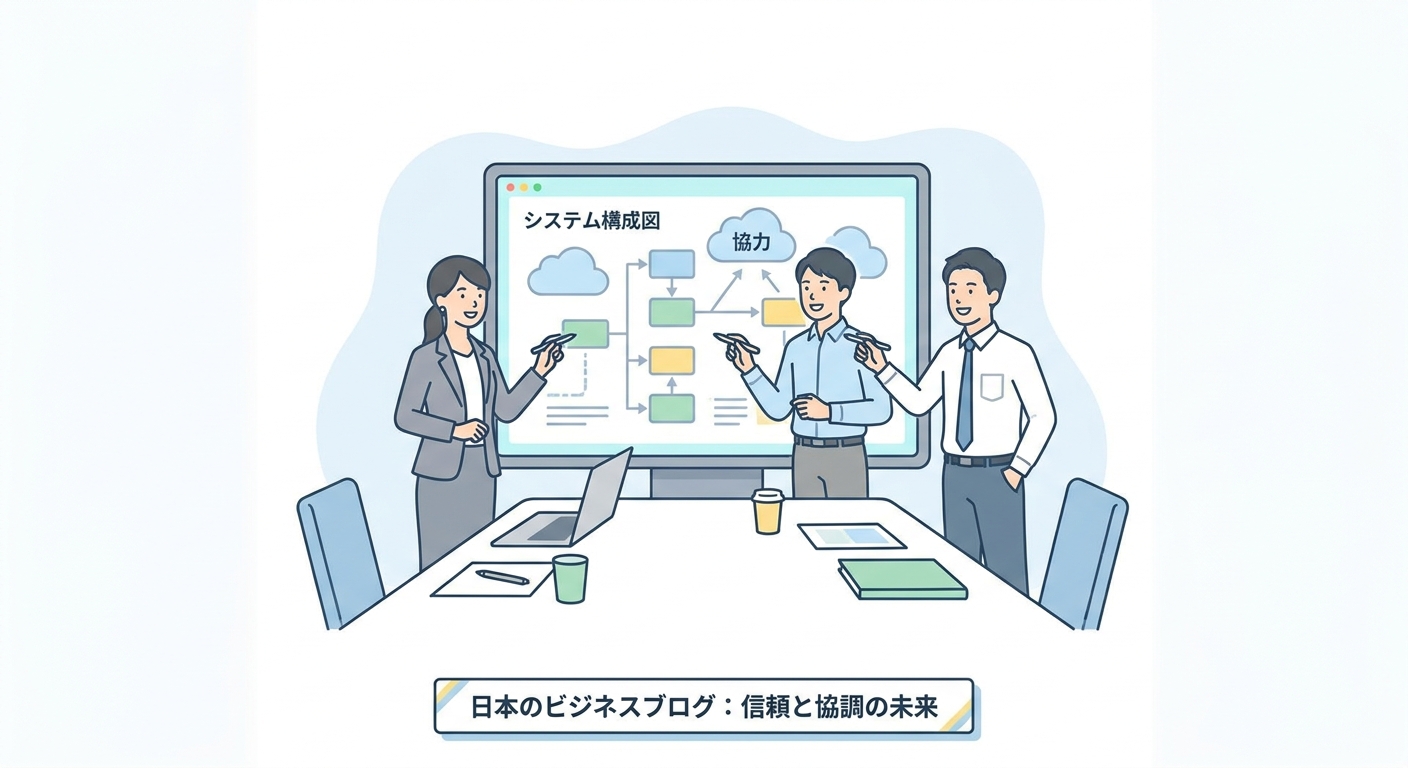 A professional developer meeting in a modern conference room, discussing system architecture on a digital whiteboard, co