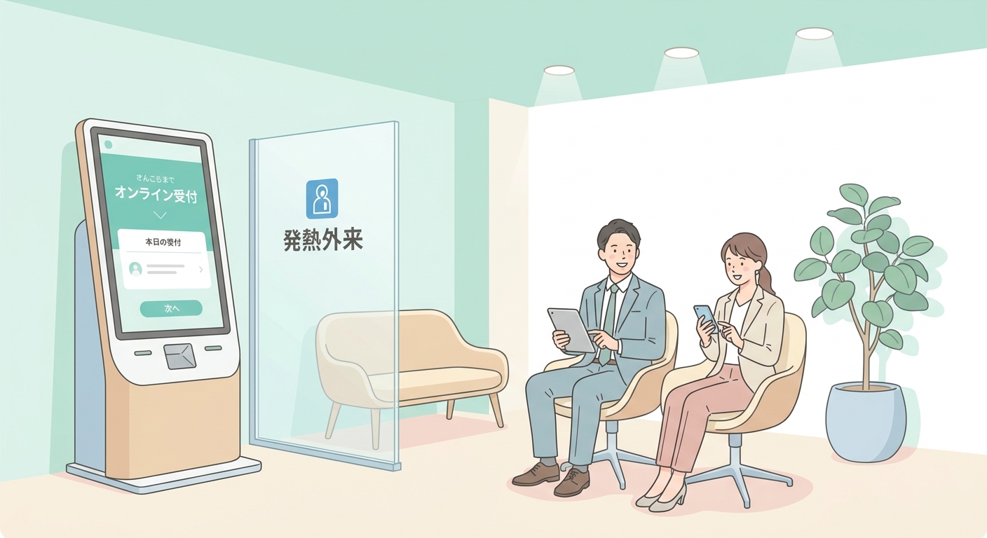 A professional medical clinic waiting room with clear signage for fever clinic and a digital check-in screen, modern and