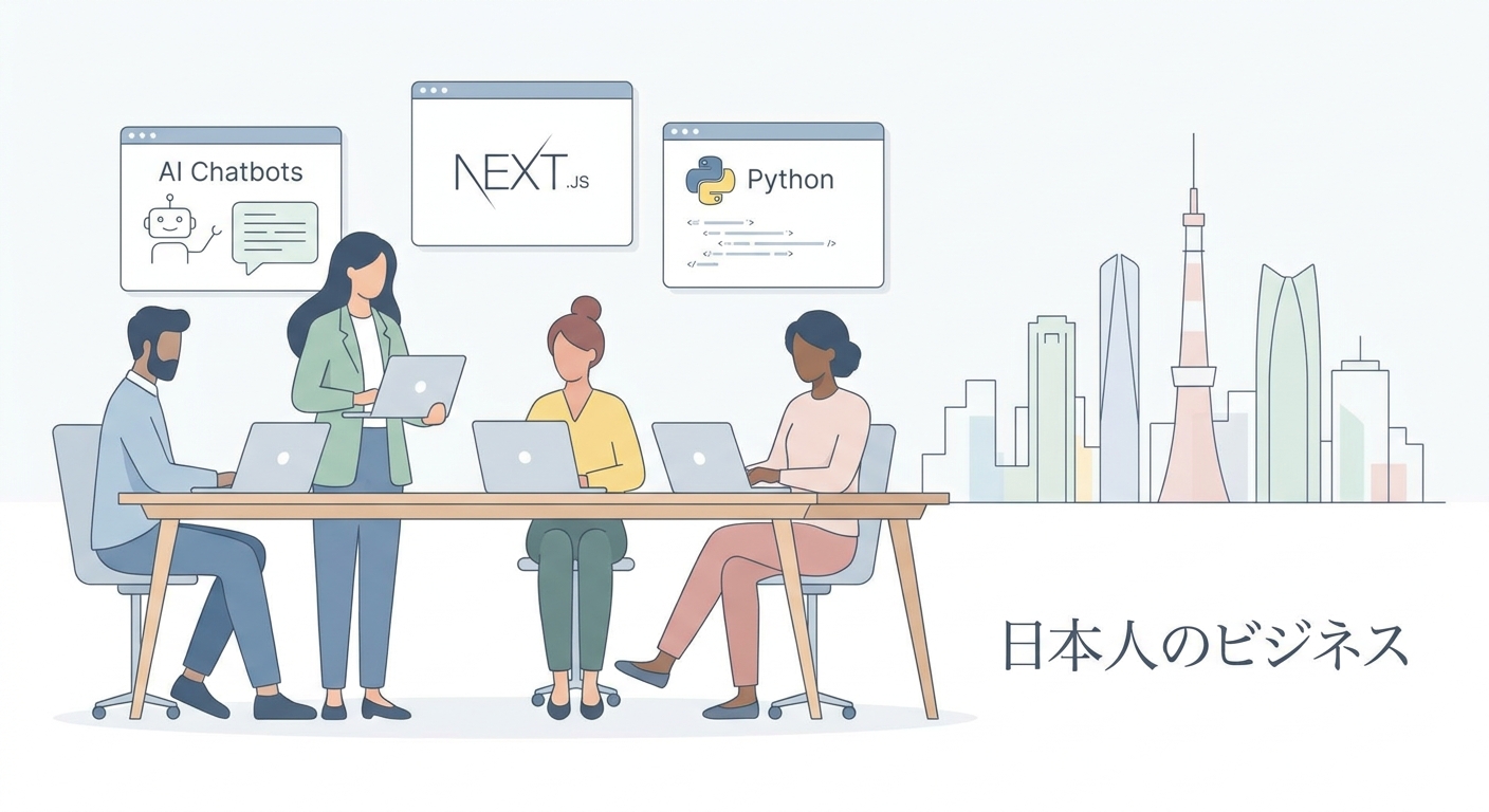 A conceptual illustration representing the founding of an AI and Web technology startup in Tokyo, showing a collaborativ