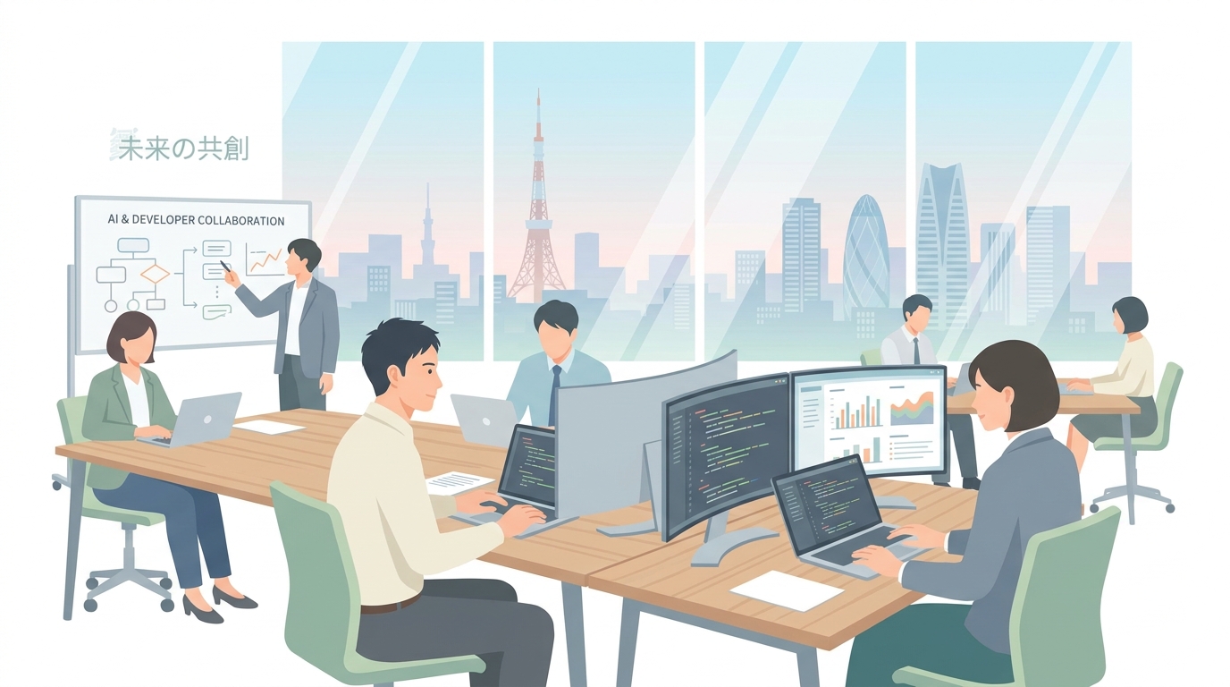 A professional modern office space with software developers and AI engineers collaborating, Tokyo background, high-tech