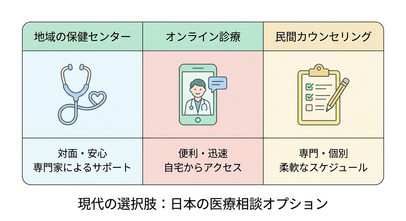 A clean and modern infographic style table showing different healthcare consultation options, like local health centers,