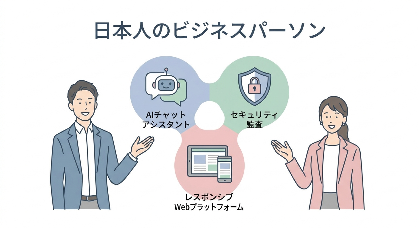 A high-quality professional graphic showcasing a suite of AI software solutions, including chat assistants, security aud
