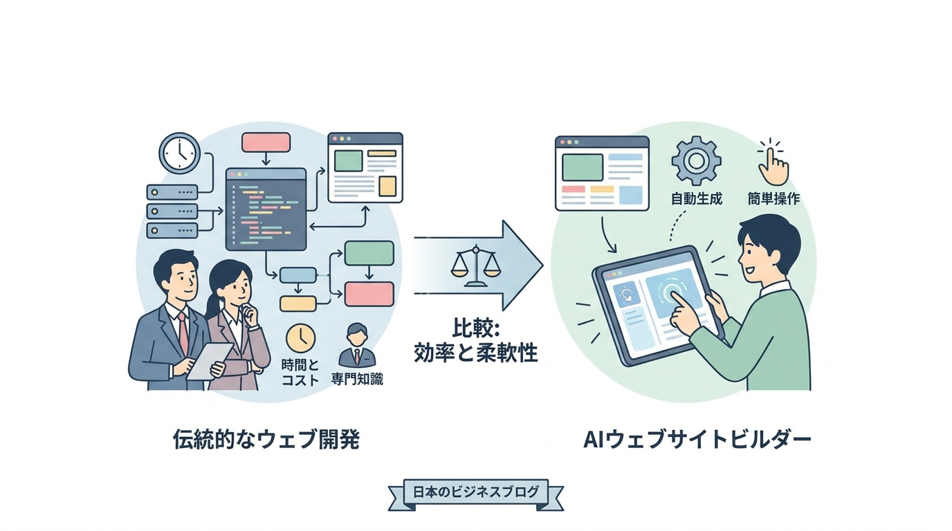 A comparison chart or conceptual illustration showing AI website builder vs traditional web development, clean and moder